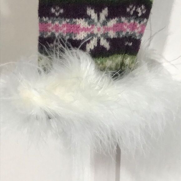 Vintage 90's Wool Crew Neck Sweater Removable White Real Fur Cuffs Green Sz L - Picture 4 of 5